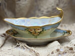Antique Limoges France Hand Painted Gold Trim Floral Elegant Opal Gravy Boat